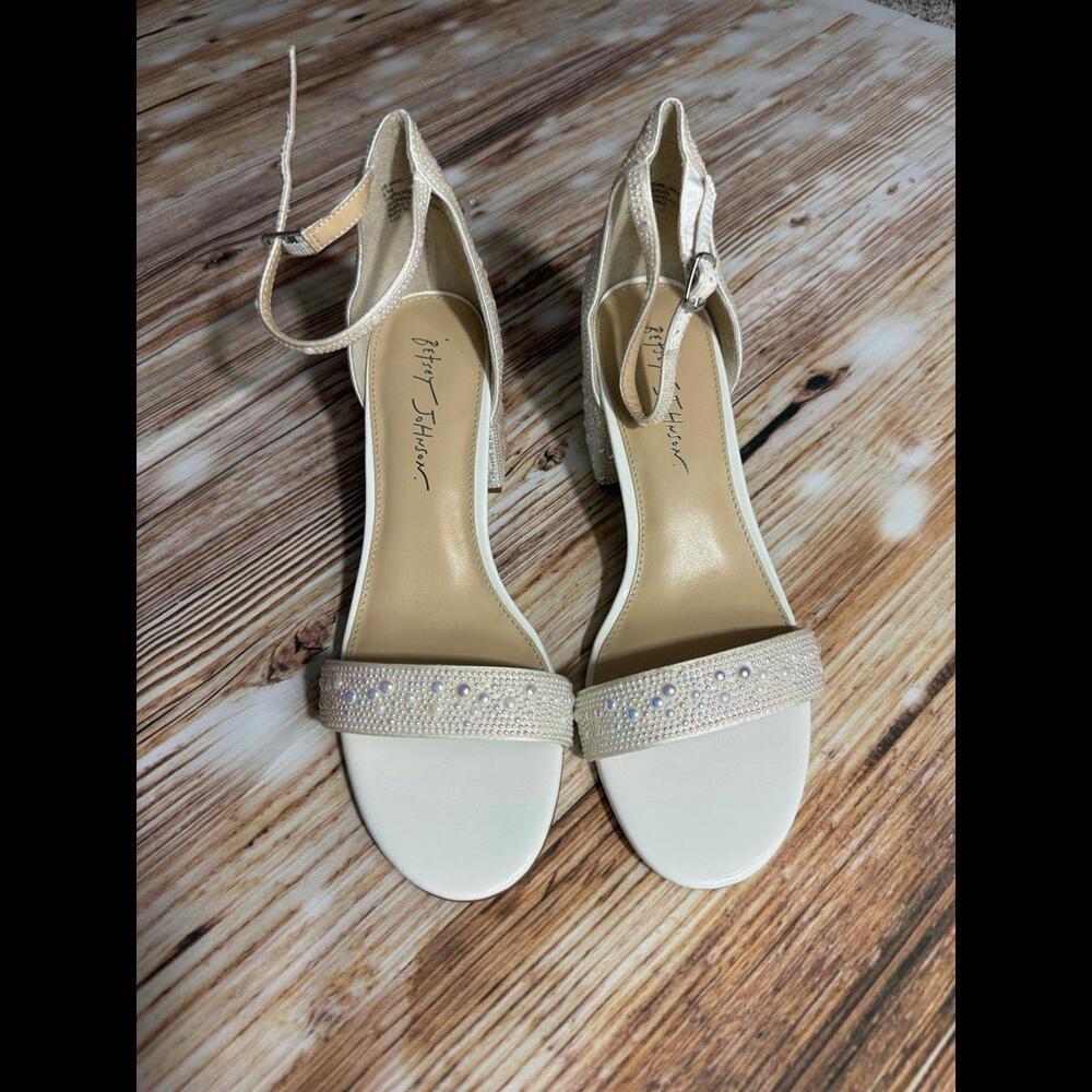 Betsey Johnson Mari Pearl Embellished Ankle Strap Block Heel Shoes